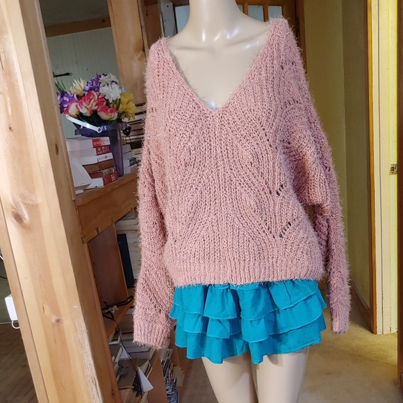 Pink Rose Sweaters - Pink Rose. Double V Neck. Deep V Neck. Open Work.
